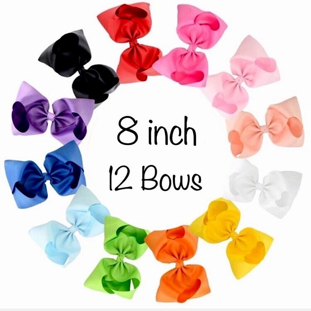 12 Rainbow Color Hair Bows - 8 inch Bows with Alligator Clips